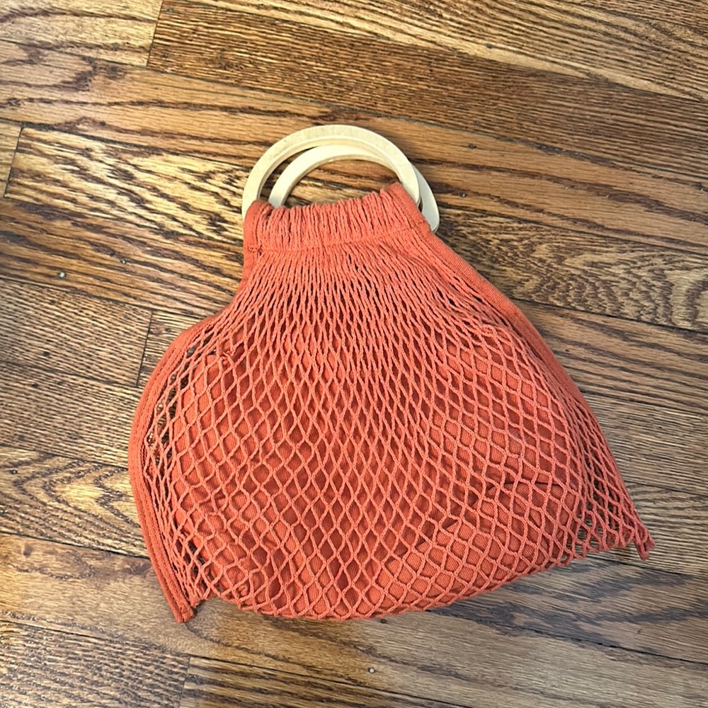 Rusty Orange Mesh Tote with Wooden Handles